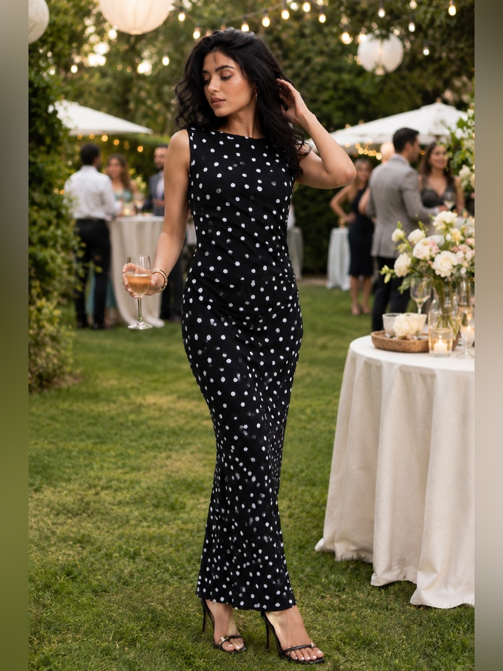 Black White Polka Dot Maxi Dress Lg NWT Sleeveless Ruched Wedding Lawn Party